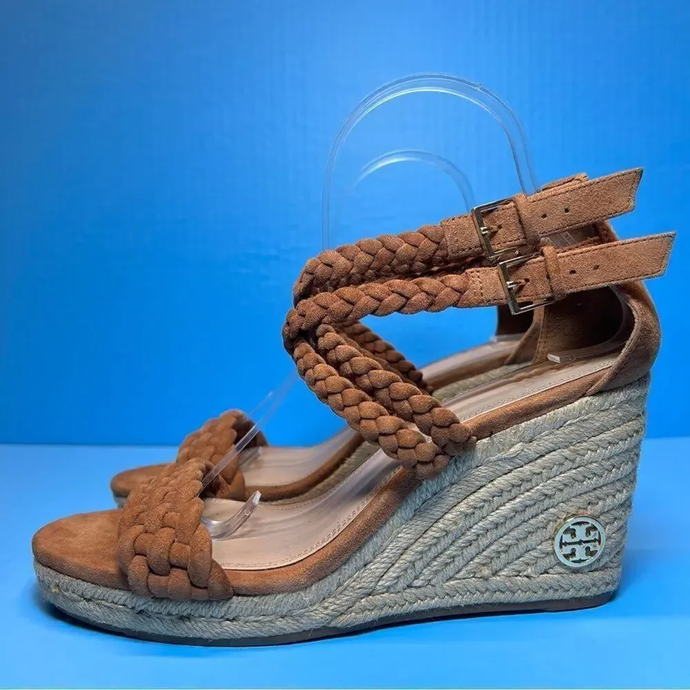 Tory Burch Bailey Braided Ankle SOHO Lux Suede Espadrille Wedge Sandals Womens 9